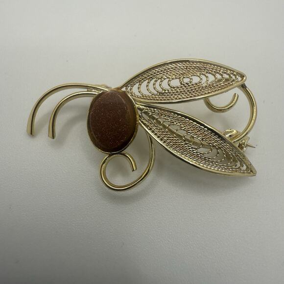 Vintage Goldstone Bracelet Brooch Leaf Bug Bangle 7” - Picture 2 of 9